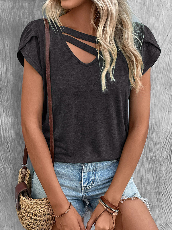 Loose Short Sleeves Solid Color V-Neck T-Shirts Tops DEEP GRAY