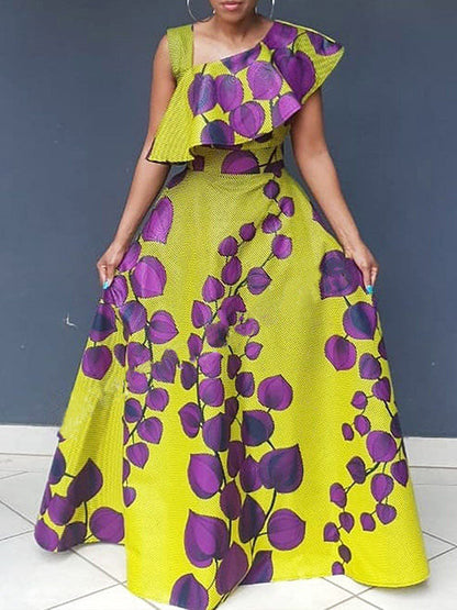 A-Line Sleeveless Asymmetric Printed Split-Joint Asymmetric Collar Evening Dresses Maxi Dresses