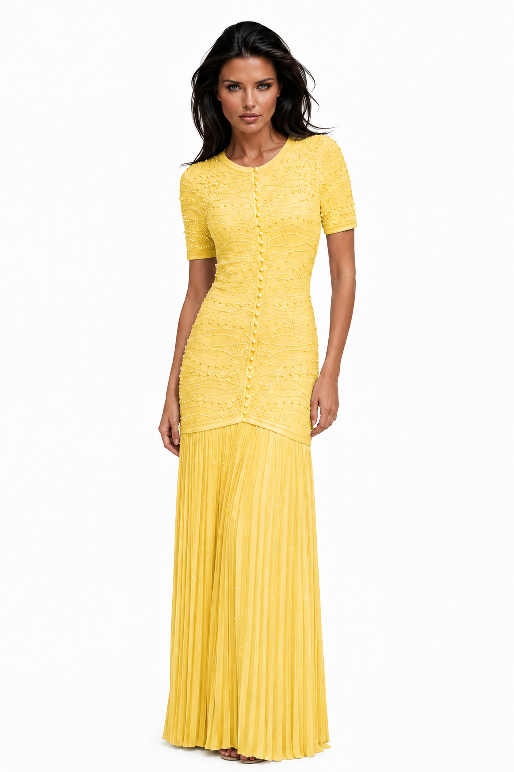 GINA Knit Pearl Embellished Pleated Maxi Dress – Elegant Beaded Gown