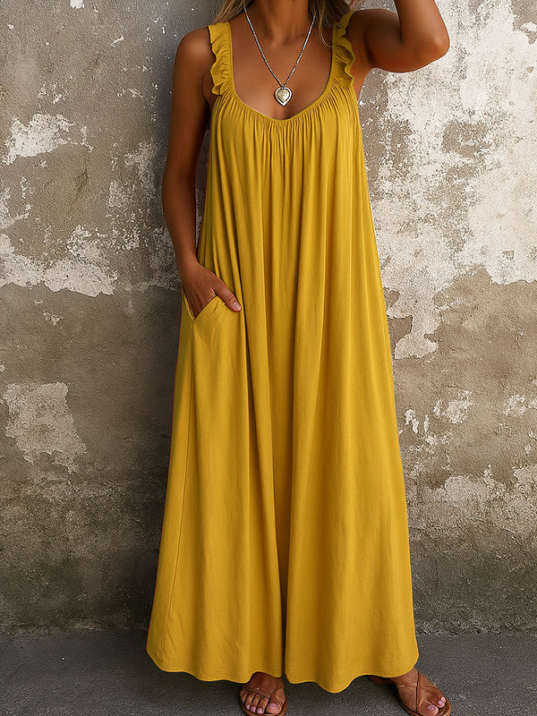 A-Line Loose Pleated Ruffled Split-Joint U-Neck Maxi Dresses