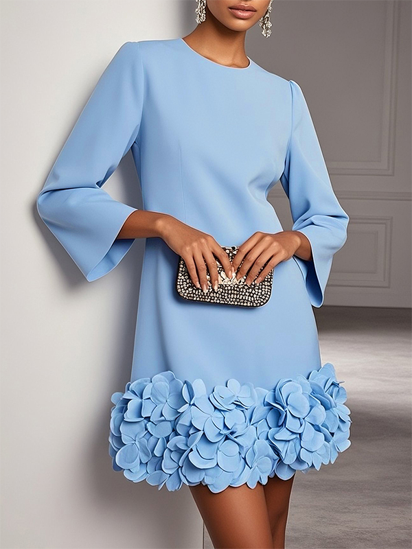 Long Sleeves Solid Color Three-Dimensional Flower Round-Neck Mini Dresses
