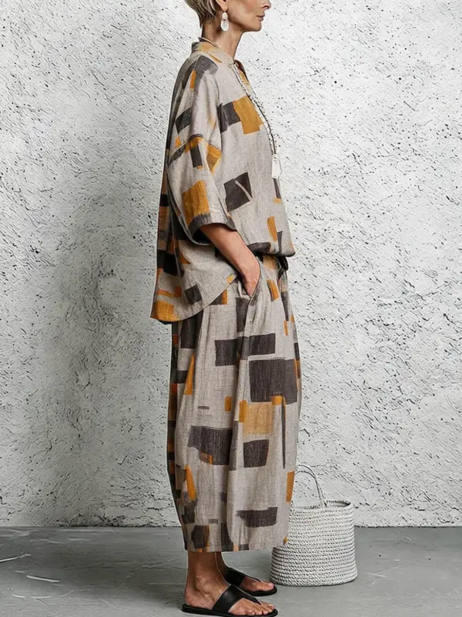 Loose Three‑Quarter Sleeves Printed V‑Neck Blouses&shirts Tops + Pockets Elasticity Cropped Trousers Bottoms Two Pieces Set