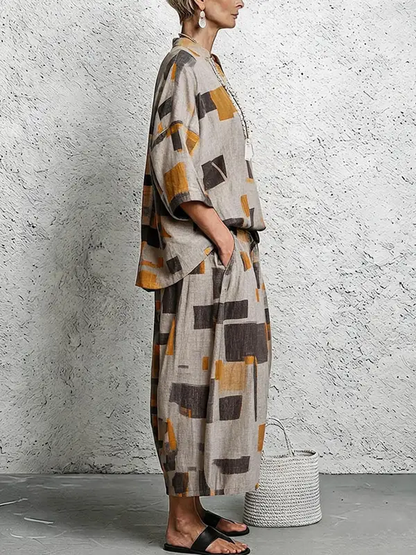Loose Three‑Quarter Sleeves Printed V‑Neck Blouses&shirts Tops + Pockets Elasticity Cropped Trousers Bottoms Two Pieces Set