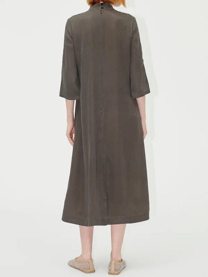 Loose Three-Quarter Sleeves Flower Print Mock Neck Midi Dresses