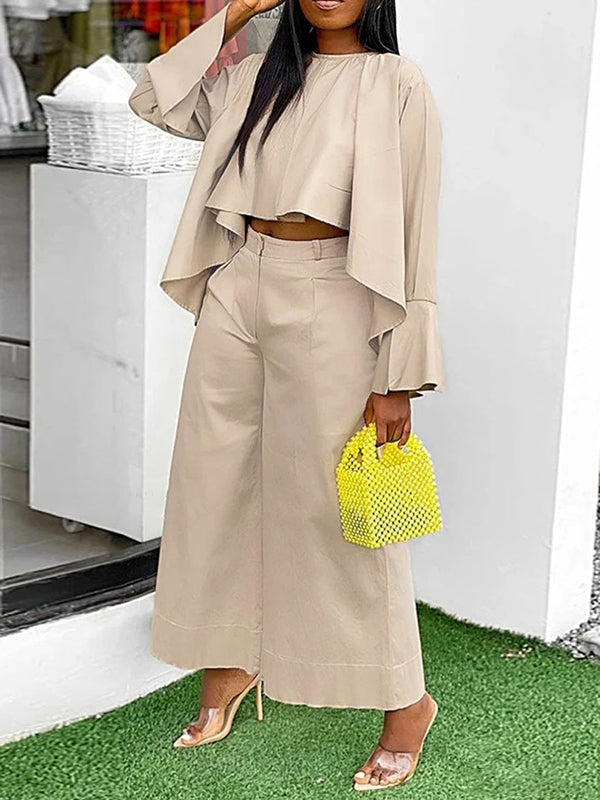 High-Low Loose Pleated Solid Color Split-Joint Round-Neck Blouses&Shirts Tops