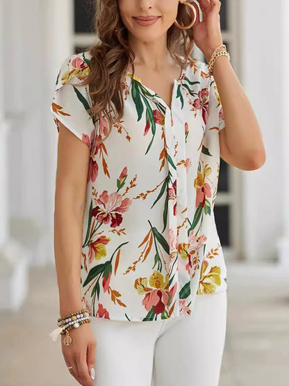 Loose Short Sleeves Contrast Color Flower Print V-Neck Blouses&Shirts Tops