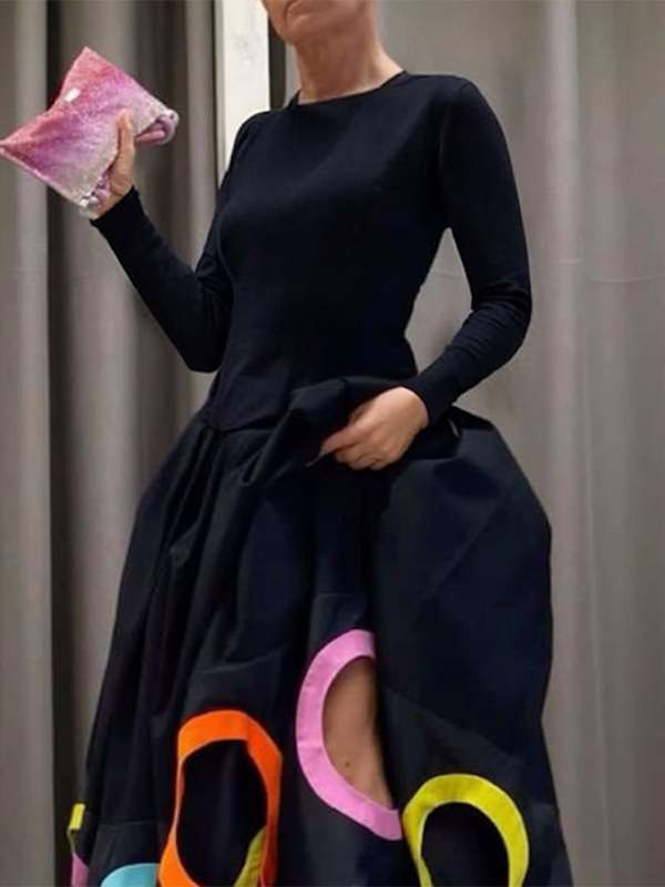 A-Linie Lange Ärmel Hohl Rundhals Maxikleider 