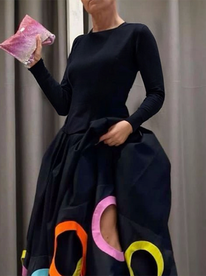 A-Linie Lange Ärmel Hohl Rundhals Maxikleider 