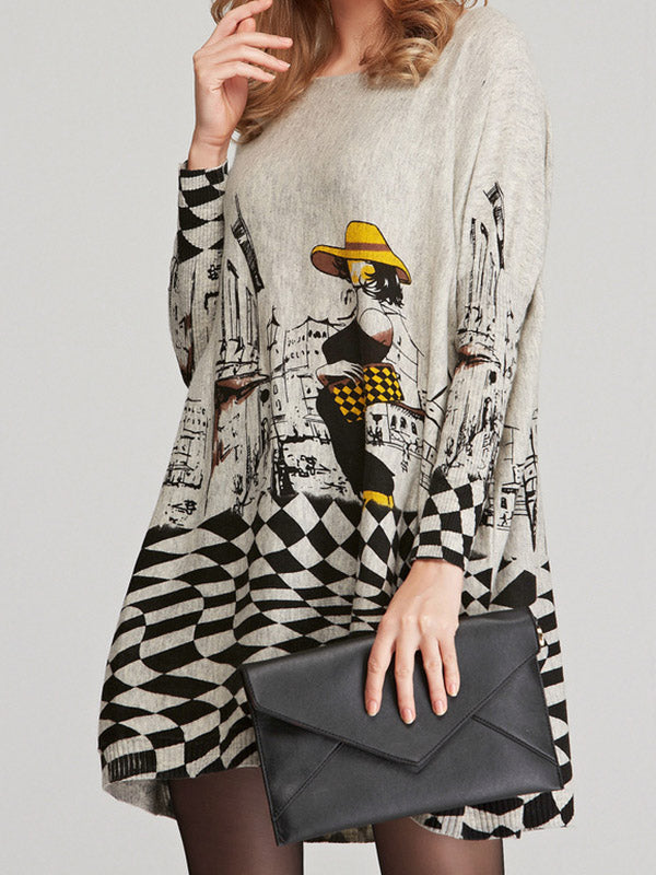 Vintage Loose Printed Split-Joint Sweater