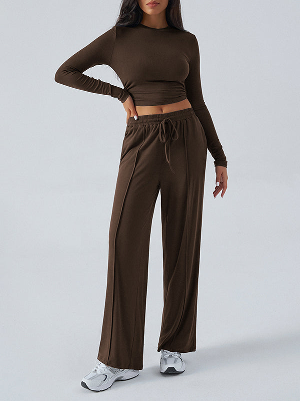 Long Sleeves Loose Solid Color Round-Neck T-Shirt Top + Drawstring Elasticity Pockets Pants Bottom Two Pieces Set