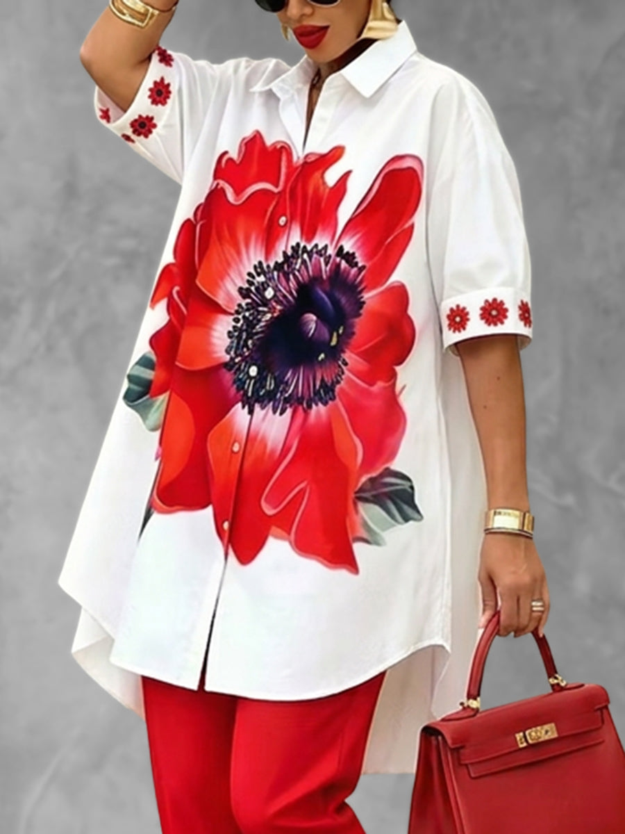 Half Sleeves Loose Buttoned Flower Print Lapel Blouses&Shirts Tops
