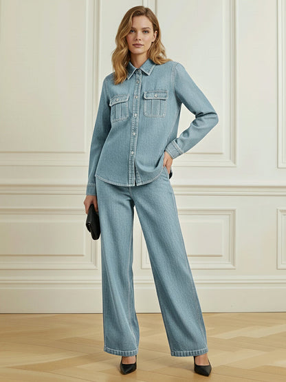 Loose Wide Leg Buttoned Pockets Solid Color Jean Pants Bottoms