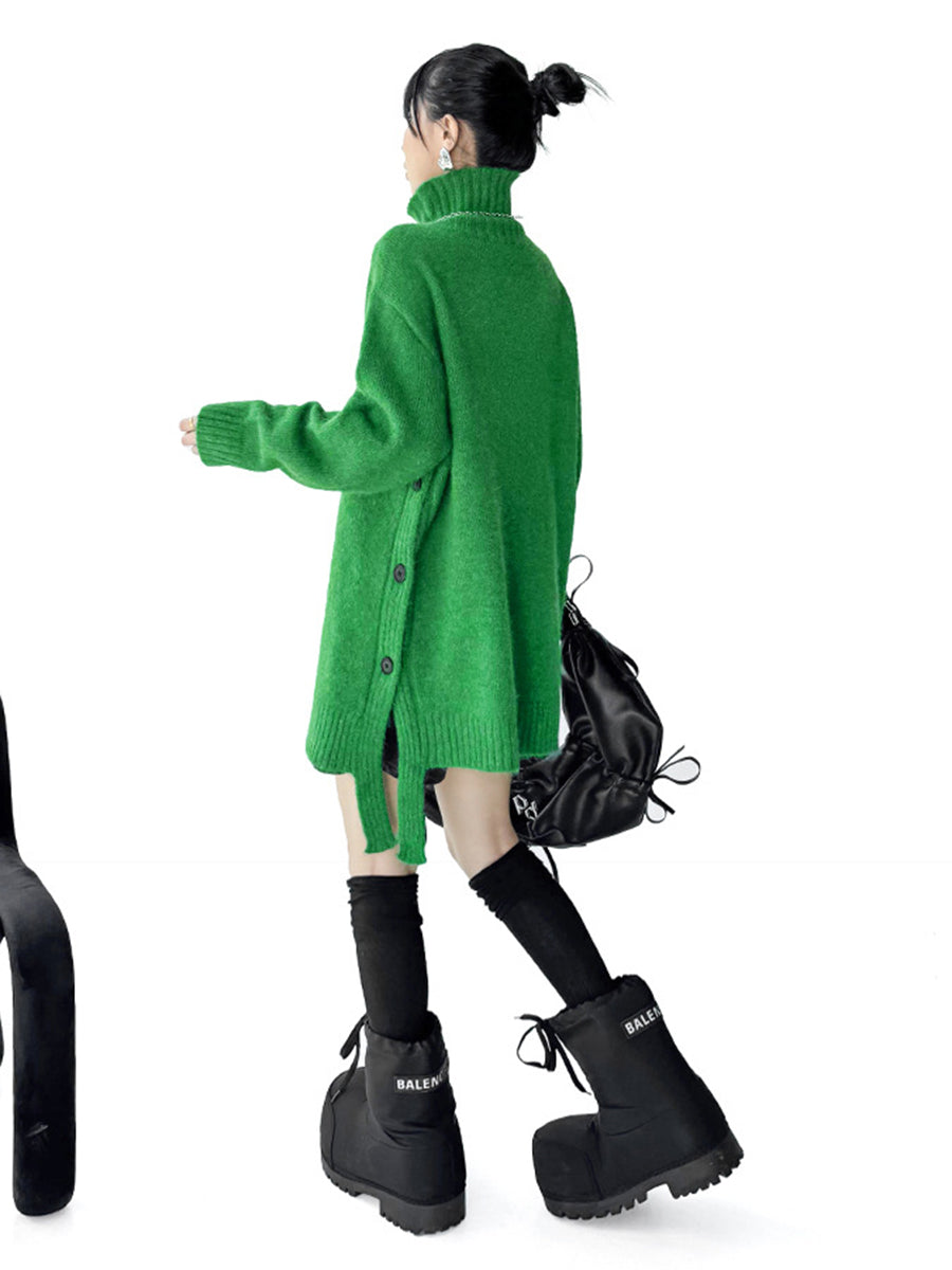 Irregularity Long Sleeves Buttoned Ribs Solid Color Split-Joint High Neck Sweater Tops