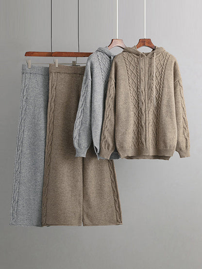 Urban Loose Solid Color Hooded High-Low Sweater Tops & Wide Leg Pants Two Pieces Set