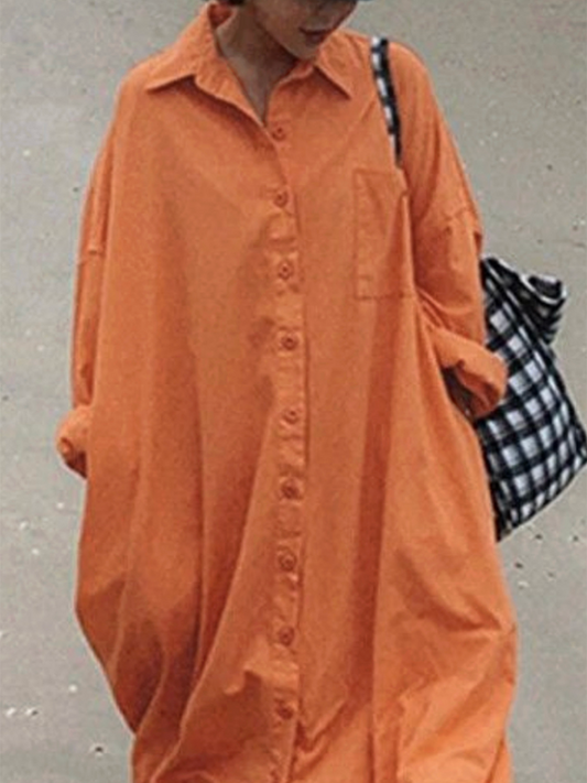 Long Sleeves Loose Buttoned Solid Color Lapel Maxi Dresses Shirt Dress