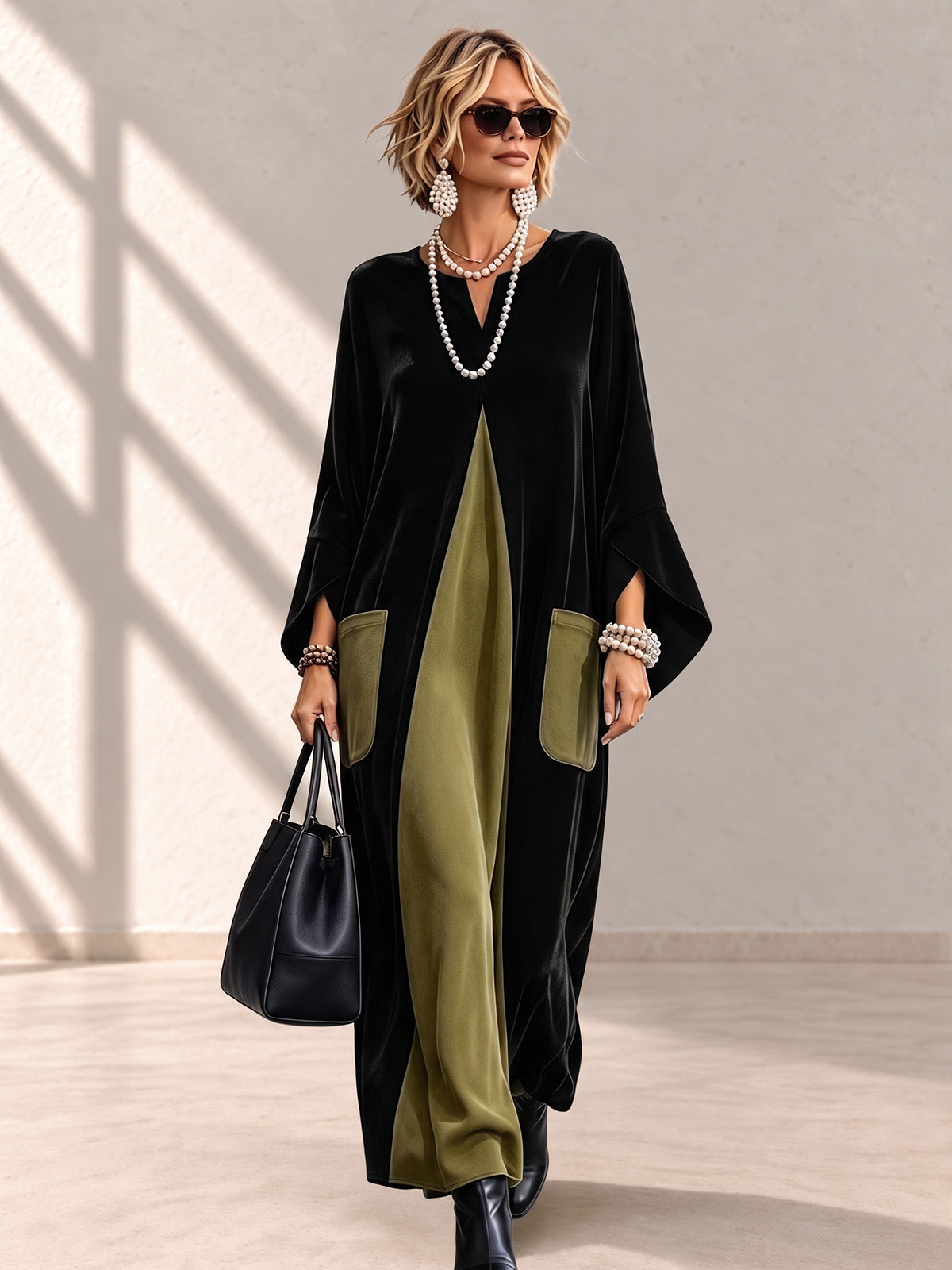Split-Joint Pockets Contrast Color Loose Long Sleeves V-neck Maxi Dresses