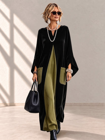 Split-Joint Pockets Contrast Color Loose Long Sleeves V-neck Maxi Dresses