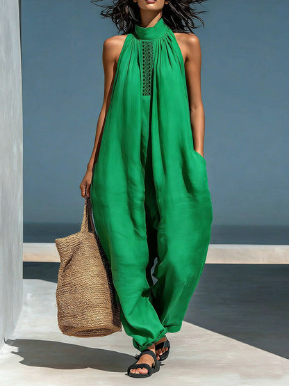 Loose Sleeveless Hollow Pockets Solid Color Mock Neck Jumpsuits