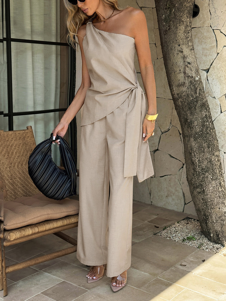 High Waisted Sleeveless Pockets Solid Color One-Shoulder Vest Top + Pants Bottom Two Pieces Set