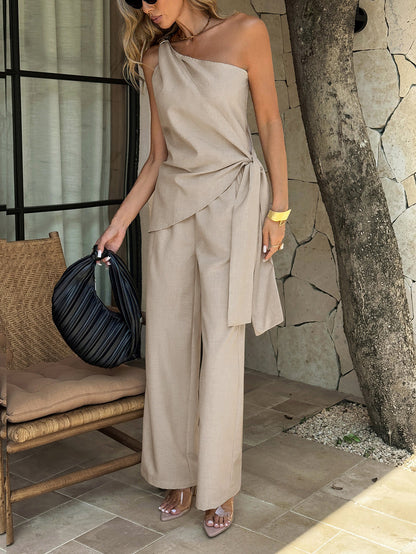 High Waisted Sleeveless Pockets Solid Color One-Shoulder Vest Top + Pants Bottom Two Pieces Set