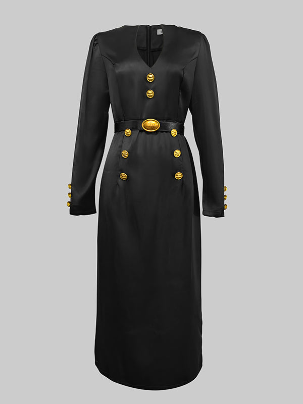 Lange Ärmel, Puffärmel, geknöpft, einfarbig, tiefer V-Ausschnitt, Midikleider 