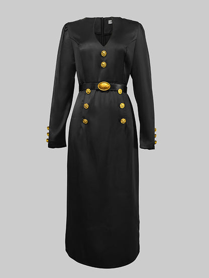 Lange Ärmel, Puffärmel, geknöpft, einfarbig, tiefer V-Ausschnitt, Midikleider 