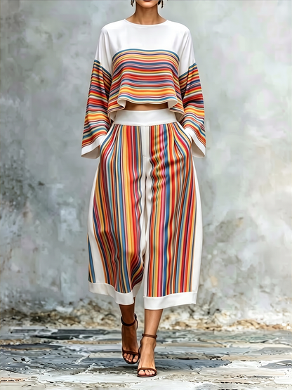 Striped Contrast Color Colorful Long Sleeves Flared Sleeves Round-neck Blouses&shirts Tops