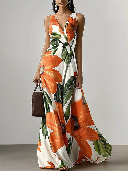Loose Sleeveless Floral Printed Split-Joint V-Neck Evening Dresses Maxi Dresses