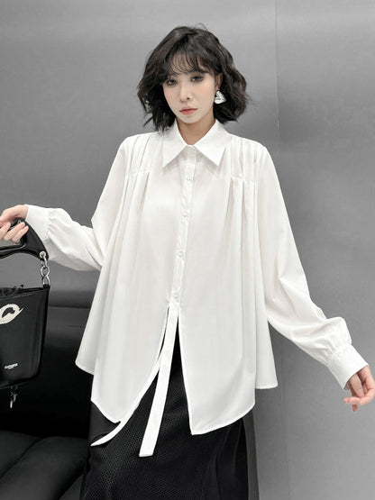 Irregularity Long Sleeves Buttoned Solid Color Split-Joint Streamer Lapel Collar Blouses&Shirts Tops