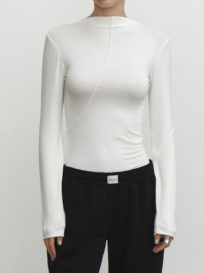Long Sleeves Skinny Asymmetric Solid Color Mock Neck T-Shirts Tops
