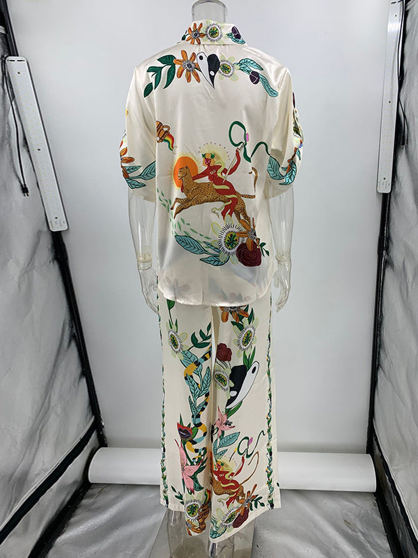 Half Sleeves Loose Buttoned Flower Print Pockets Lapel T-Shirt Top + Drawstring Elasticity Pants Bottom Two Pieces Set