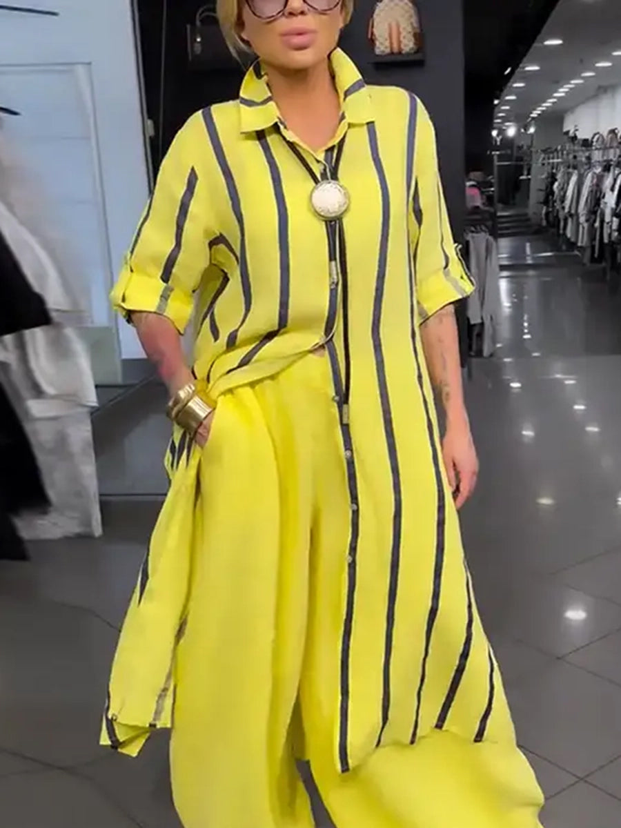 Striped Contrast Color Buttoned Loose High-low Lapel Blouses&shirts Tops