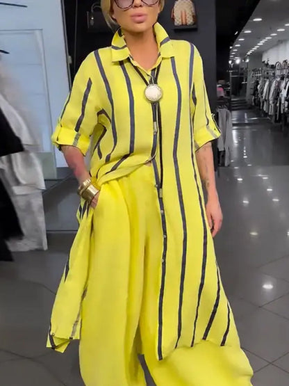Striped Contrast Color Buttoned Loose High-low Lapel Blouses&shirts Tops
