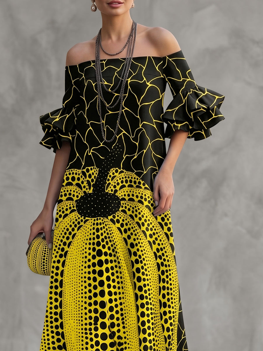 Flared Sleeves Half Sleeves Contrast Color Off-The-Shoulder Maxi Dresses