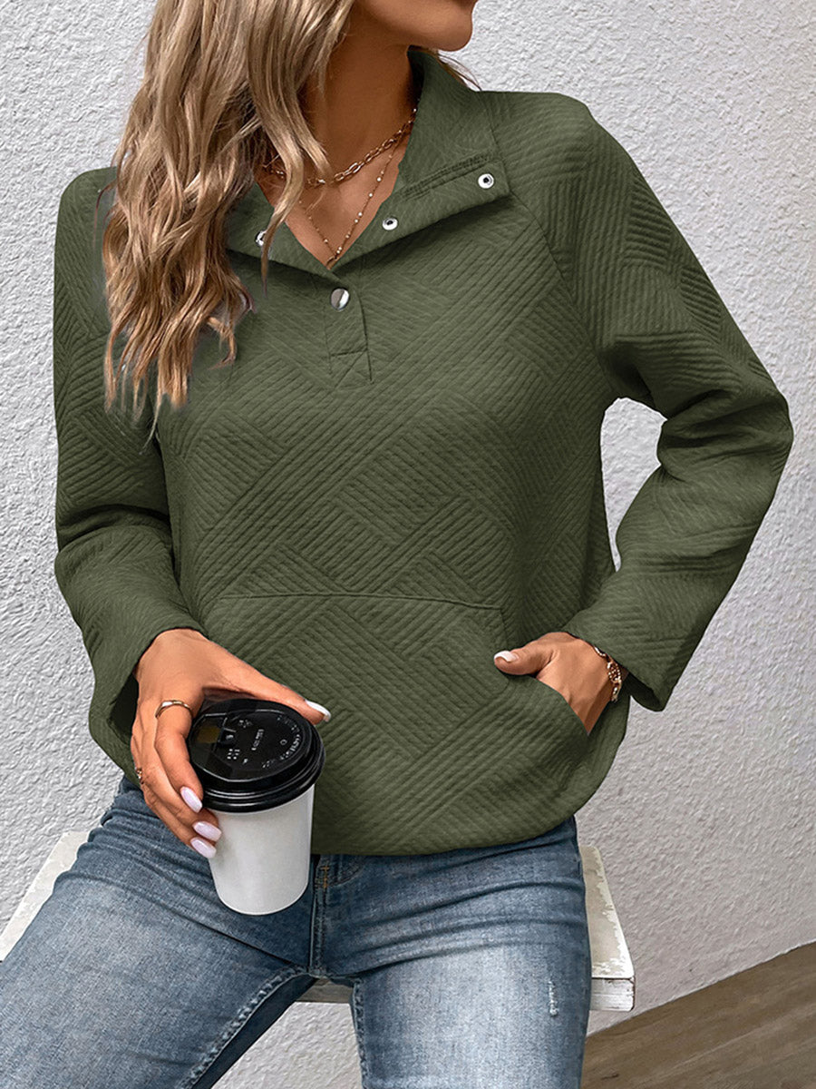 Textured Split-Joint Solid Color Pockets Buttoned Loose Long Sleeves Polo Sweatshirt Tops