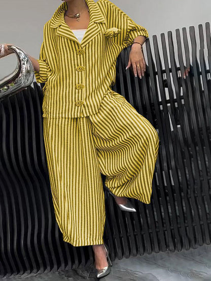 Long Sleeves Loose Buttoned Contrast Color Striped Notched Collar Two Pieces Set