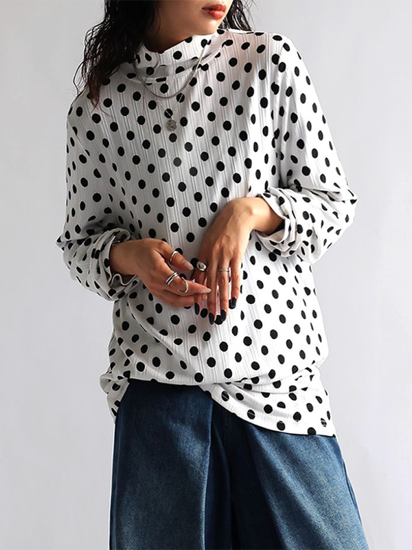 Long Sleeves Loose Polka-Dot Heaps Collar T-Shirts Tops