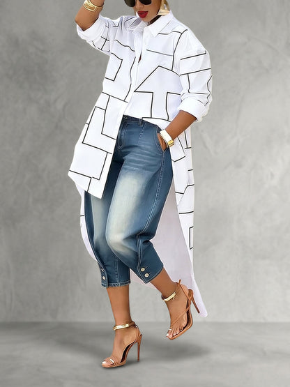 High-Low Long Sleeves Line Printed Solid Color Lapel Blouses&Shirts Tops