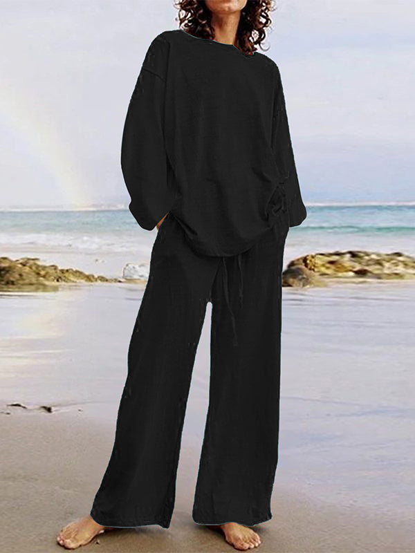 Loose Solid Color Long Sleeves Round-neck Shirts Top + Drawstring Pants Bottom Two Pieces Set