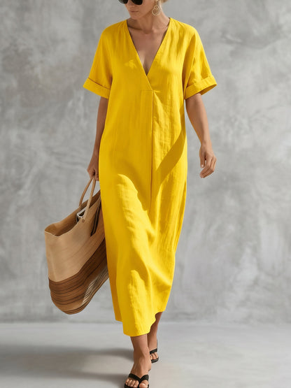Loose Short Sleeves Solid Color Deep V-Neck Maxi Dresses