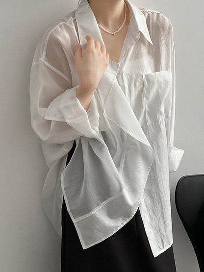 Irregular Clipping Long Sleeves Solid Color Lapel Blouses&Shirts Tops