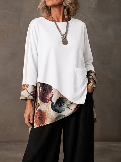 Split-side Split-Joint Printed Pockets Loose Long Sleeves Round-neck T-Shirts Tops