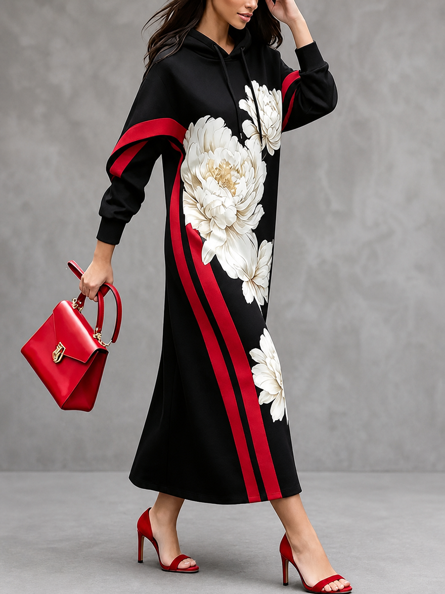 Flower Print Drawstring Contrast Color Long Sleeves H-line Hooded Midi Dresses