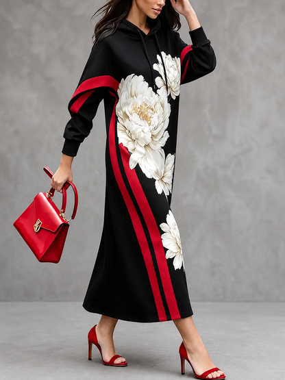 Flower Print Drawstring Contrast Color Long Sleeves H-line Hooded Midi Dresses