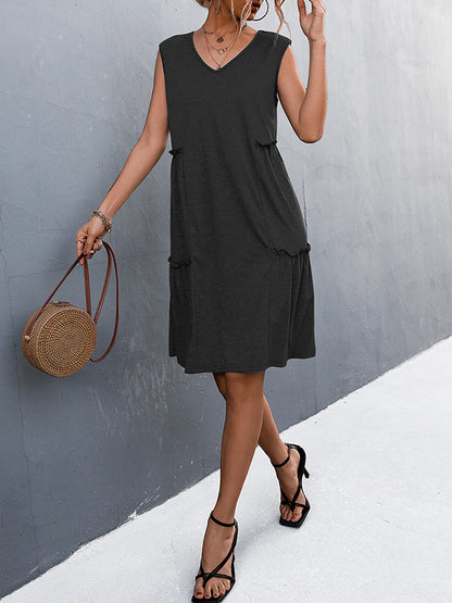 A-line Loose Pleated Solid Color Split-Joint V-neck Midi Dresses