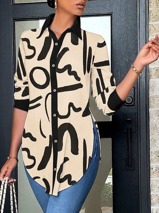 Chemisiers et chemises polos décontractés à manches longues, imprimés à rayures et fendus sur les côtés 