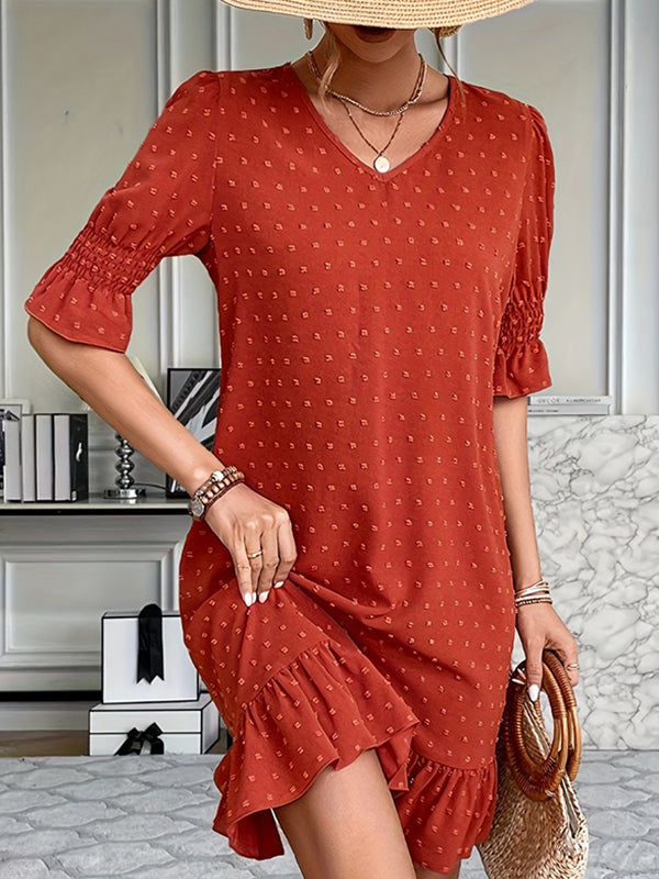 A-Line Flared Sleeves Elasticity Jacquard Pleated Solid Color Split-Joint V-Neck Mini Dresses