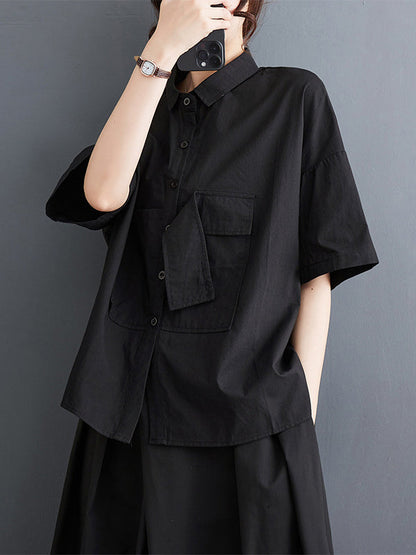 Loose Short Sleeves Solid Color Split-Joint Blouses