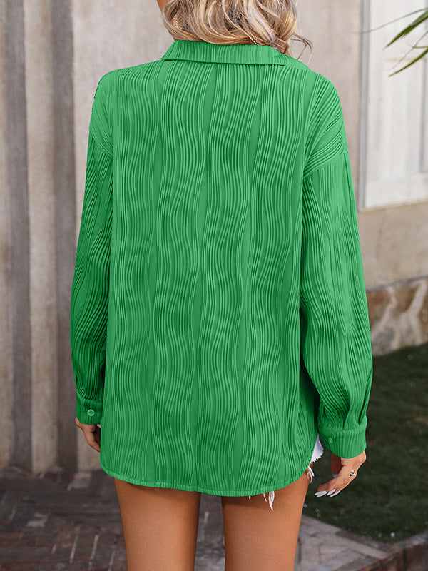 Long Sleeves Buttoned Jacquard Pleated Solid Color Blouses&Shirts Tops