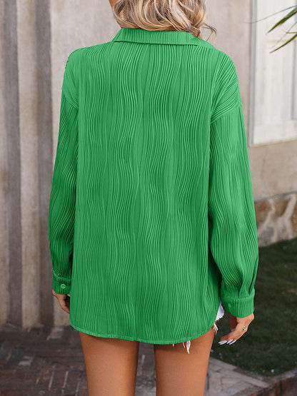 Long Sleeves Buttoned Jacquard Pleated Solid Color Blouses&Shirts Tops